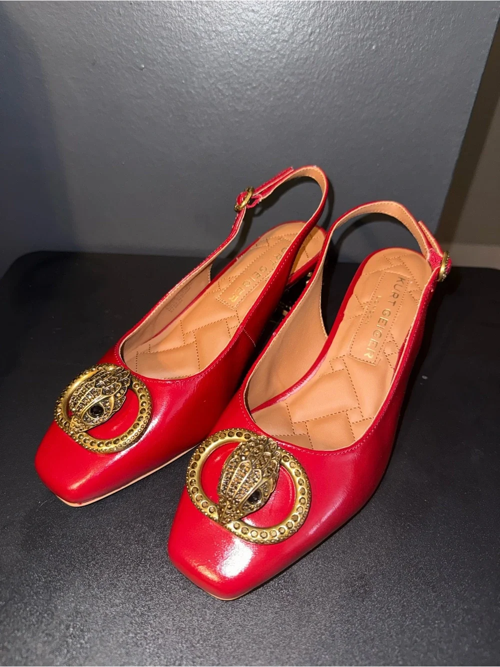 NWOT Kurt Geiger London Chelsea Block Slingback Heels Red Leather Eagle Size 8.5